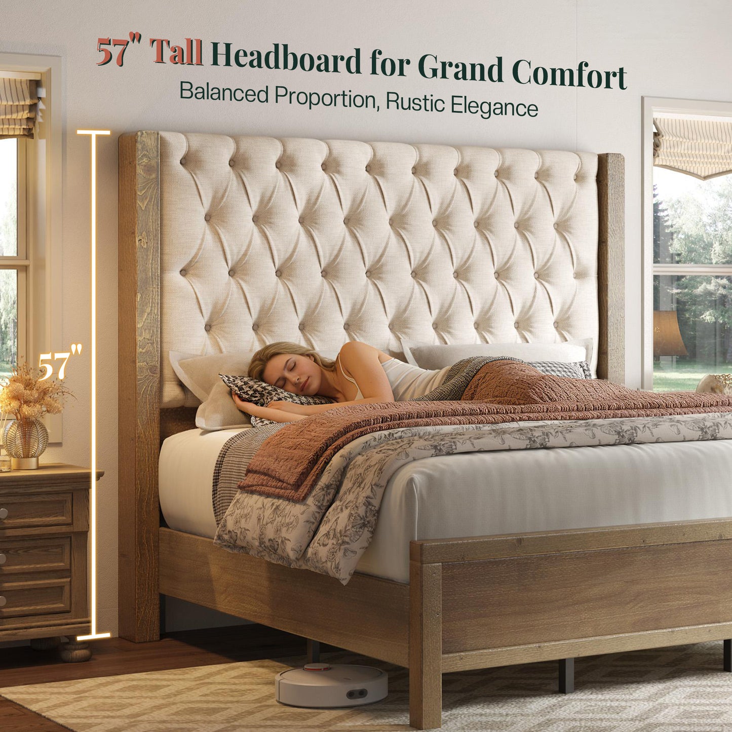 Jocisland Solid Wood Bed Frame, 57" Tall Farmhouse Platform Beds, Upholstered Line Wingback Headboard, Deep Button Tufted, No Box Spring Needed, Easy Assembly