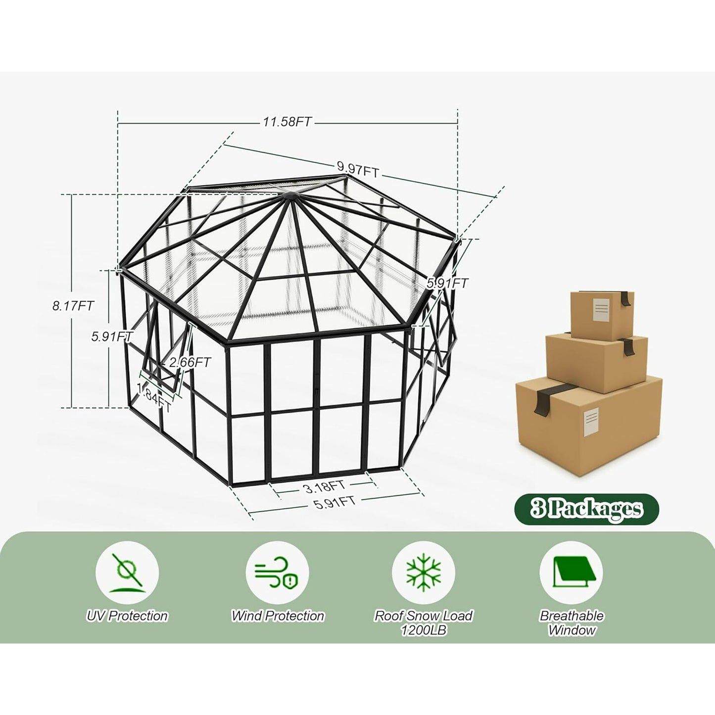 Jocisland 12x10x8 FT Hexagonal Greenhouse with Quick-Connect Fittings, Greenhouses for Outdoors Garden Backyard with 2 Swing Doors, Walk-in Aluminum Greenhouse with 2 Vents, Black
