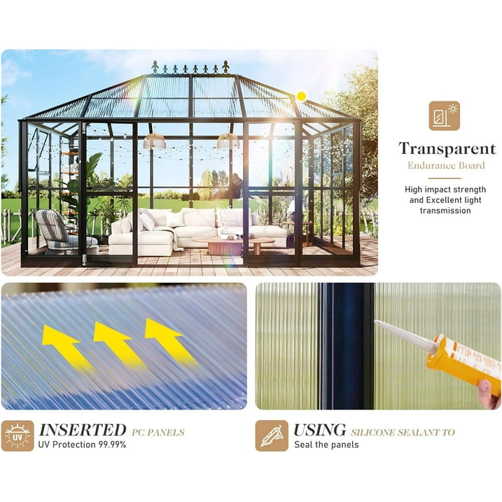 Jocisland 14x9.5x9 FT Pavilion Styled Greenhouse with Clear Panels Double Swing Doors, 6 FT Wall Height Hybrid Polycarbonate Greenhouse, Green Houses for Outdoors, Sunroom Black