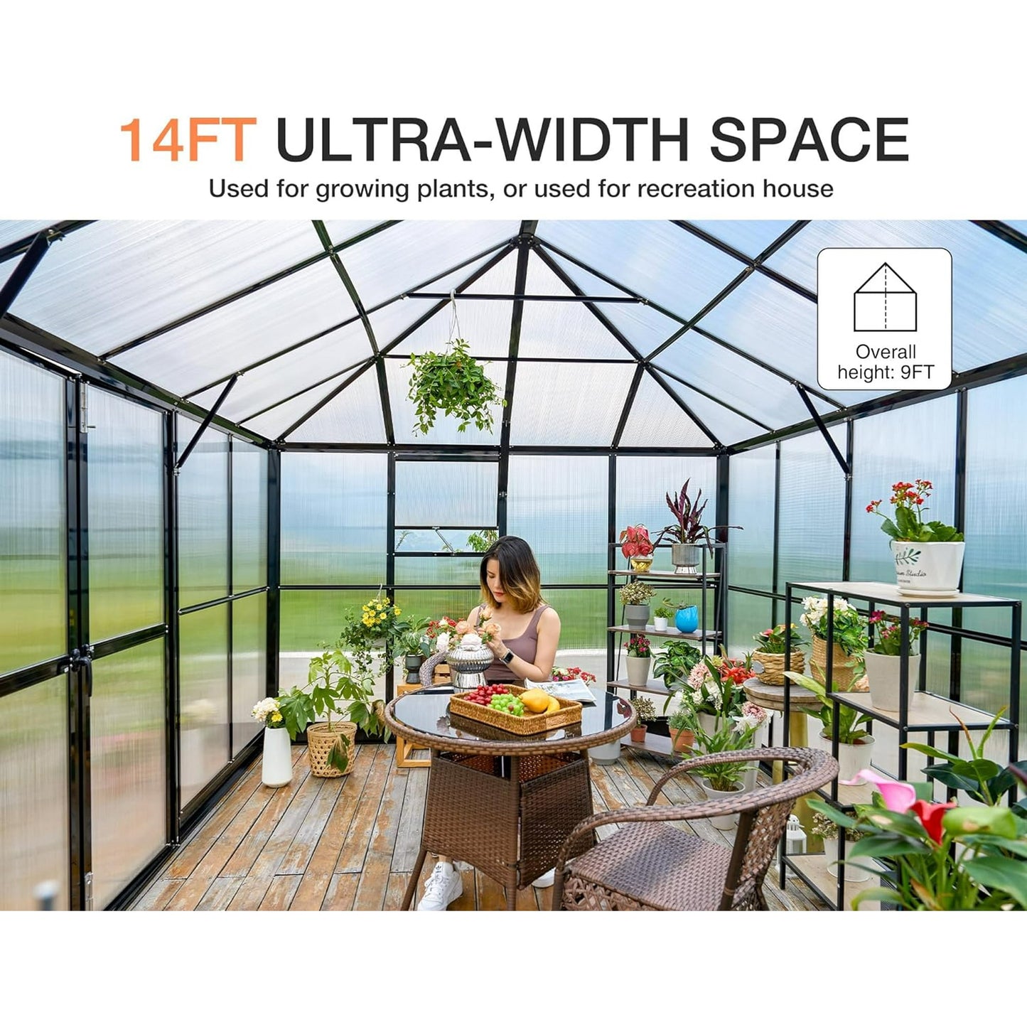 Jocisland 14x9.5x9 ft Polycarbonate Greenhouse Double Swing Doors 2 Vents 6FT Wall Height, Black