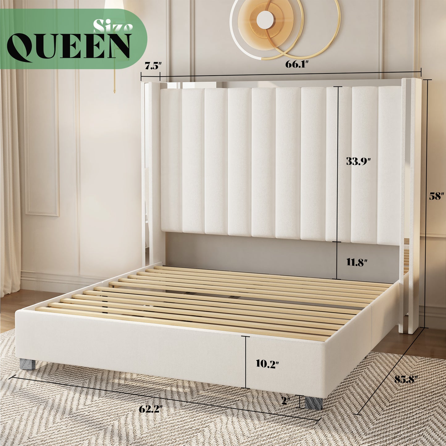 AMERLIFE 3-Piece Modern Bedroom Set Upholstered Bed Frame with 58" Wingback Headboard and 2 White Nightstands