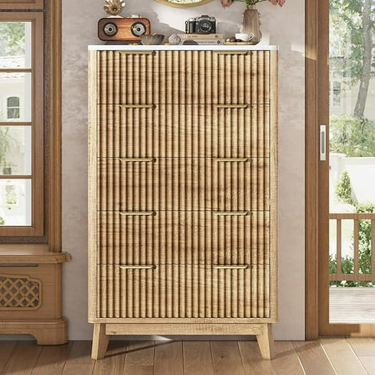 VANACC 6 Drawer Dresser, 54" Wide Chest of Drawers, Fluted Drawer Design, Wooden Storage Chest, Suitable for Bedroom, Hallway