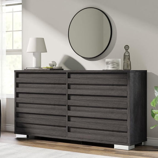 LUXOAK 6 Drawers Dresser for Bedroom, 54" Chest with Slat Handle, Farmhouse Wooden Dresser