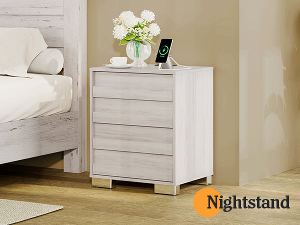 Nightstands Set of 2 with Charing Station, Farmhouse End Table with Drawers, Wood Bedside Table for Bedroom, Living Room