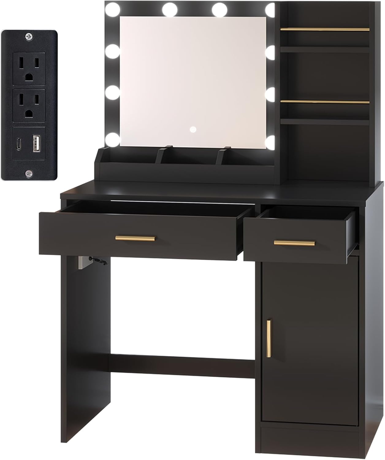 AMERLIFE 35.5" Make up Vanity Desk with Mirror and Lights, Vanity with Lights 3 Models Settings & Power Outlet, Vanity Desk with 2 Drawers, 1 Cabinets, Shelves, Makeup Vanity for Bedroom, White