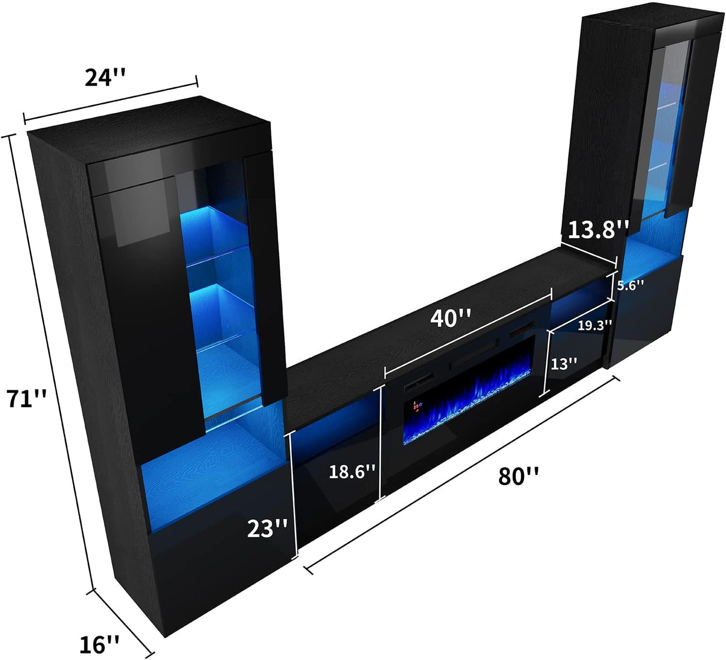 Fireplace Entertainment Center Set, includes 70" Fireplace TV Stand & 2 LED Highgloss Bookcases, Modern Storage Cabinets for TVs up to 80", Black