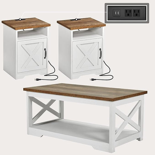 3-Piece Farmhouse Table Set Includes Coffee Table& Two End Tables, Side Table with Charging Station and USB Ports, for Living Room, Bedroom, Distressed White