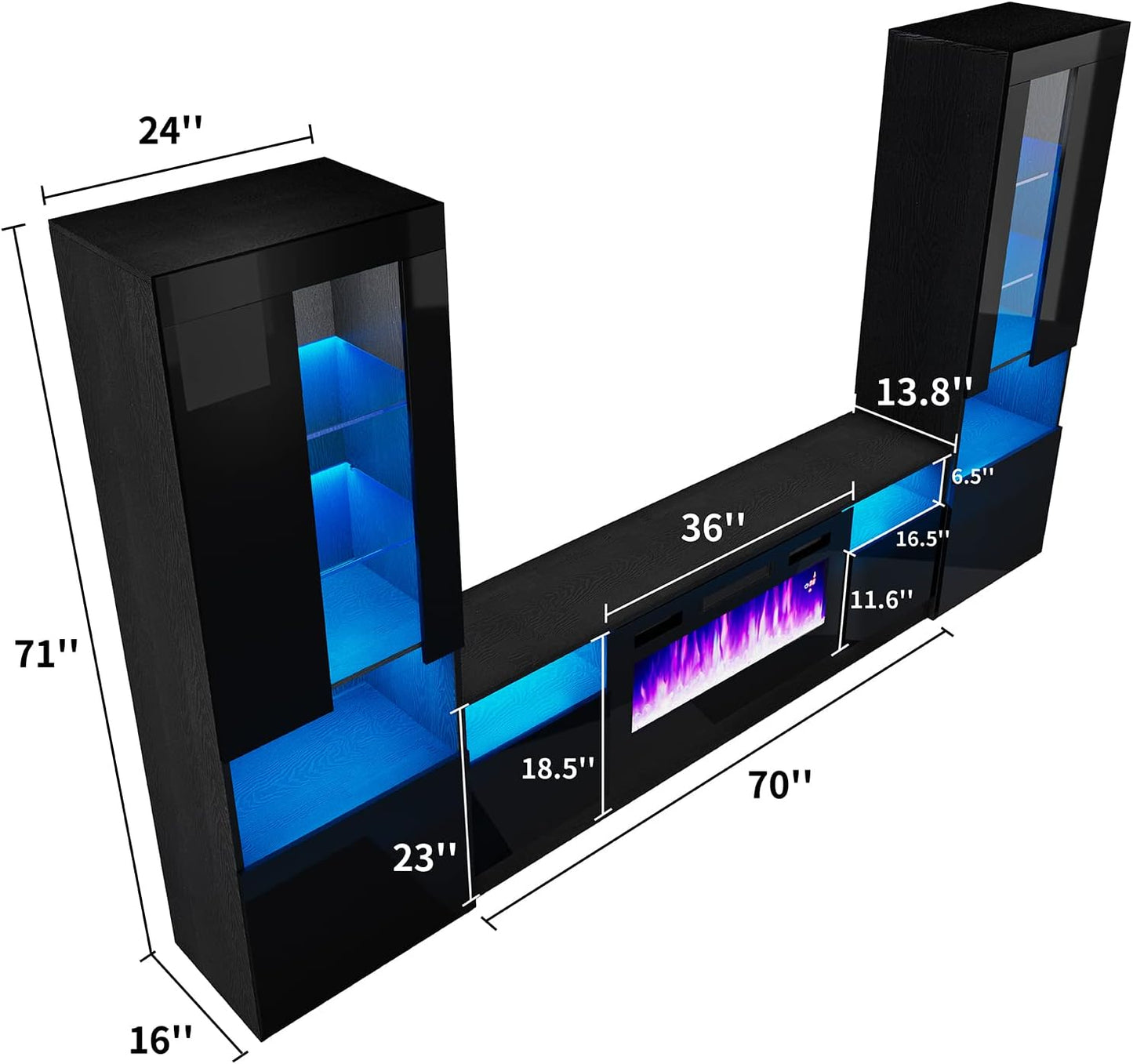 Fireplace Entertainment Center Set, includes 70" Fireplace TV Stand & 2 LED Highgloss Bookcases, Modern Storage Cabinets for TVs up to 80", Black