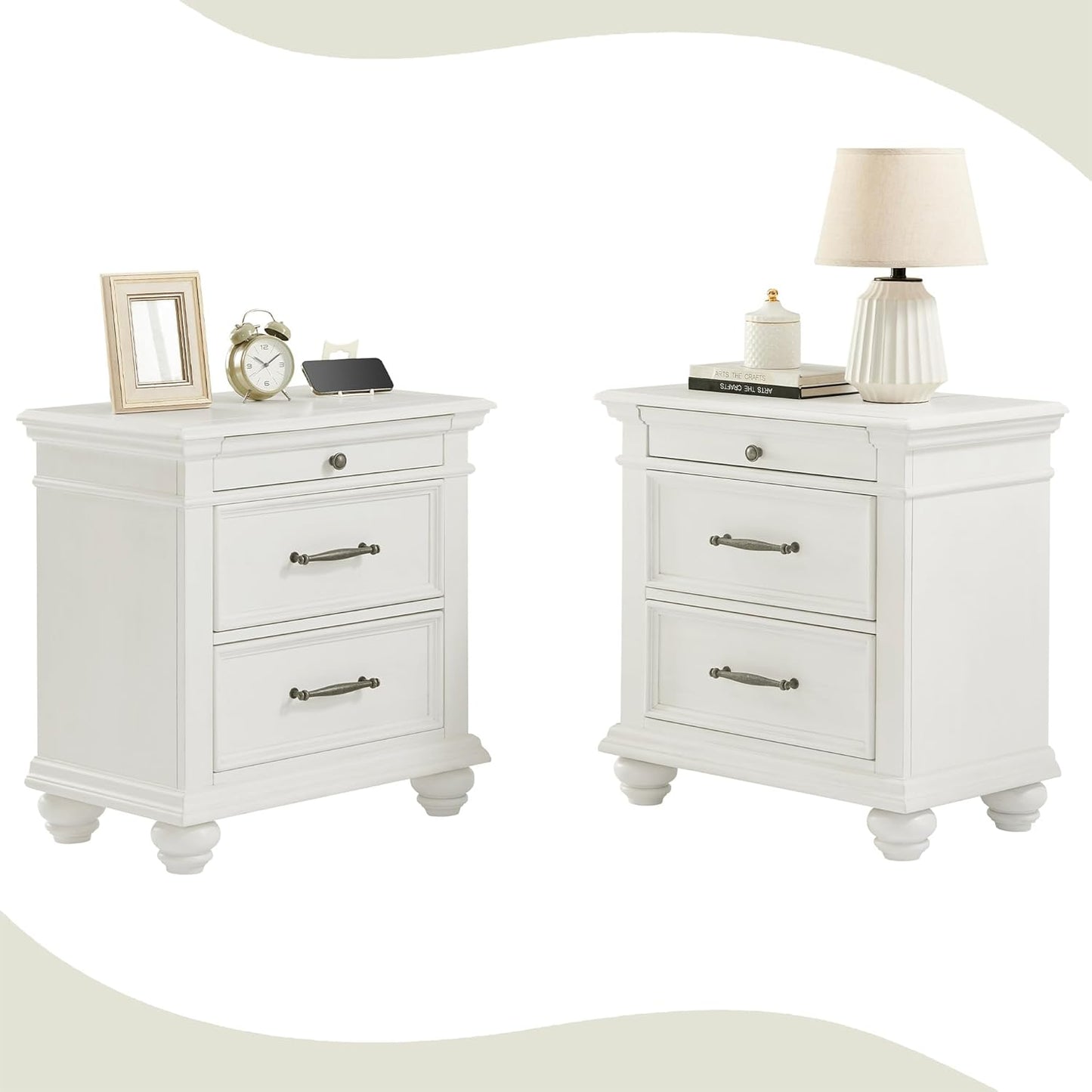 Papajet Solid Wood Nightstand with Fully Assembled, 28" Wide Vintage Farmhouse Bedside Table with USB Ports for Bedroom, Antique White