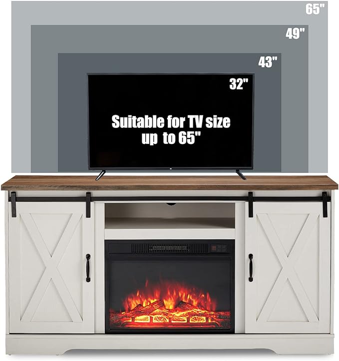 TV Stand with Sliding Barn Door for TVs up to 65", Farmhouse 59" Fireplace Entertainment Center with Storage Cabinets/Adjustable Shelves, Distressed White & Barnwood