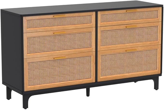 Rattan Dresser with 6 Drawers, Chest of Drawers for Bedroom, Solid Wood Retro Tall Storage Drawers for Living Room, Entryway, Hallway, Black