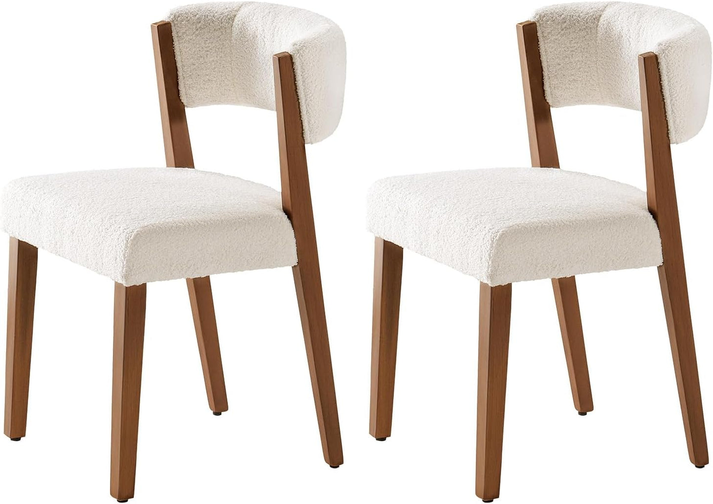 Upholstered Dining Chairs with Pine Wood Legs, Mid-Century Modern Kitchen Chairs with Curved Backrest, Boucle Fabric Dining Room Chairs