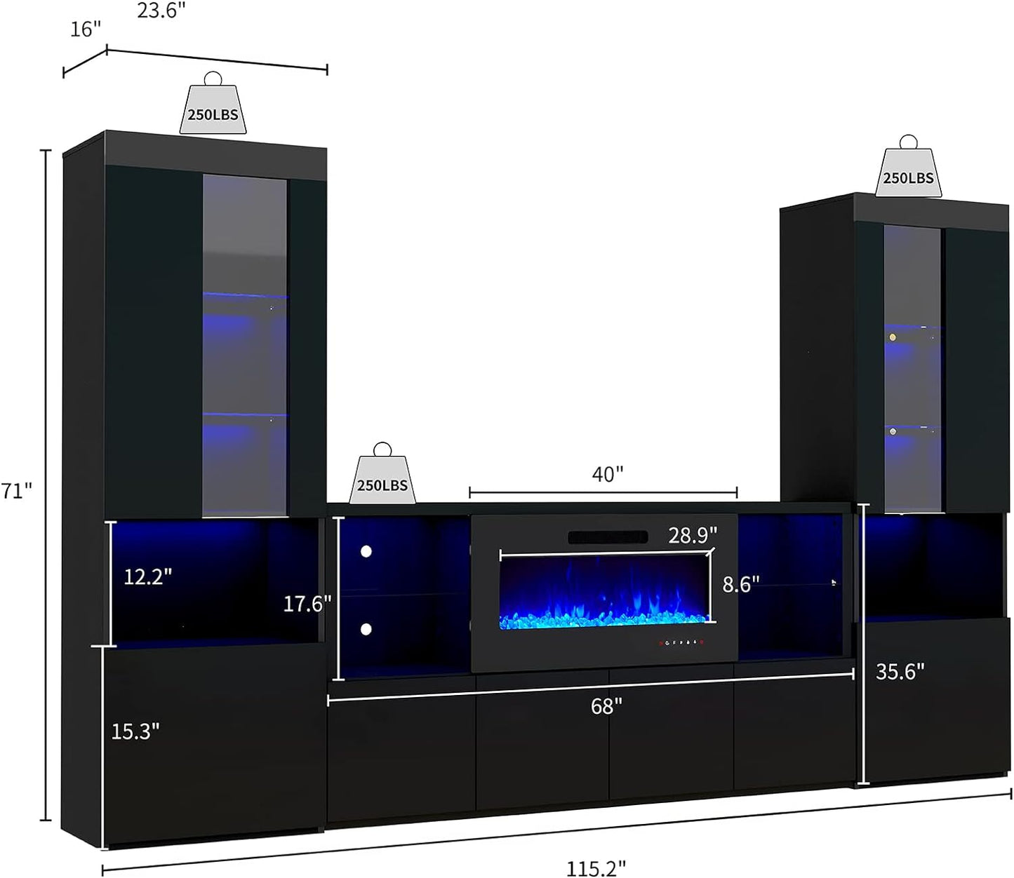 3 Piece Modern High Gloss Fireplace TV Stand + Bookcase Set for Living Room Includes 68" TV Stand with 40" Fireplace, 2 X Bookcase Storage Cabinet with Doors & 20 Colors LED Lights, Black