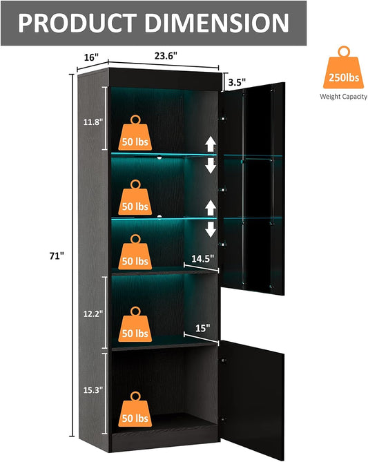 2 Piece 71in Tall Bookcase Storage Cabinet with Glass Doors, Modern High Gloss LED Bookshelf Display with 5 Tiers for Storage & Adjustable Glass Shelves for Living Room, Office