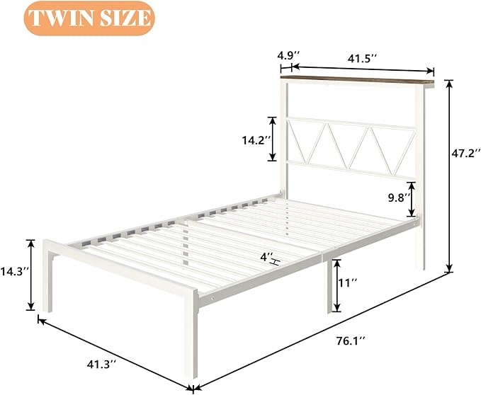 Twin Size Metal Bed Frame with Headboard Shelf, Platform Bed Frame with LED Strip Light, 11" Underbed Height for Storage, Noise Free, No Box Spring Needed, White