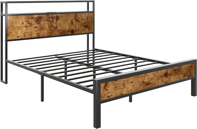 Full Size Bed Frame, Industrial Platform Bed with Charging Station, 2-Tier Storage Headboard/No Box Spring Needed/Noise-Free/Dark Brown