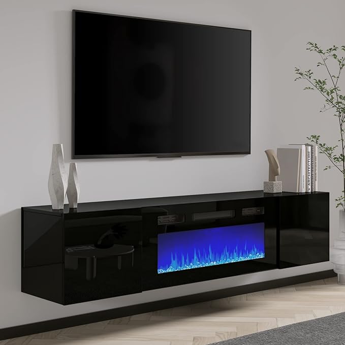 Floating TV Stand with 36" Electric Fireplace, High Gloss Finish Wall Mounted Fireplace Entertainment Center with Storage for TVs Up to 78", Black