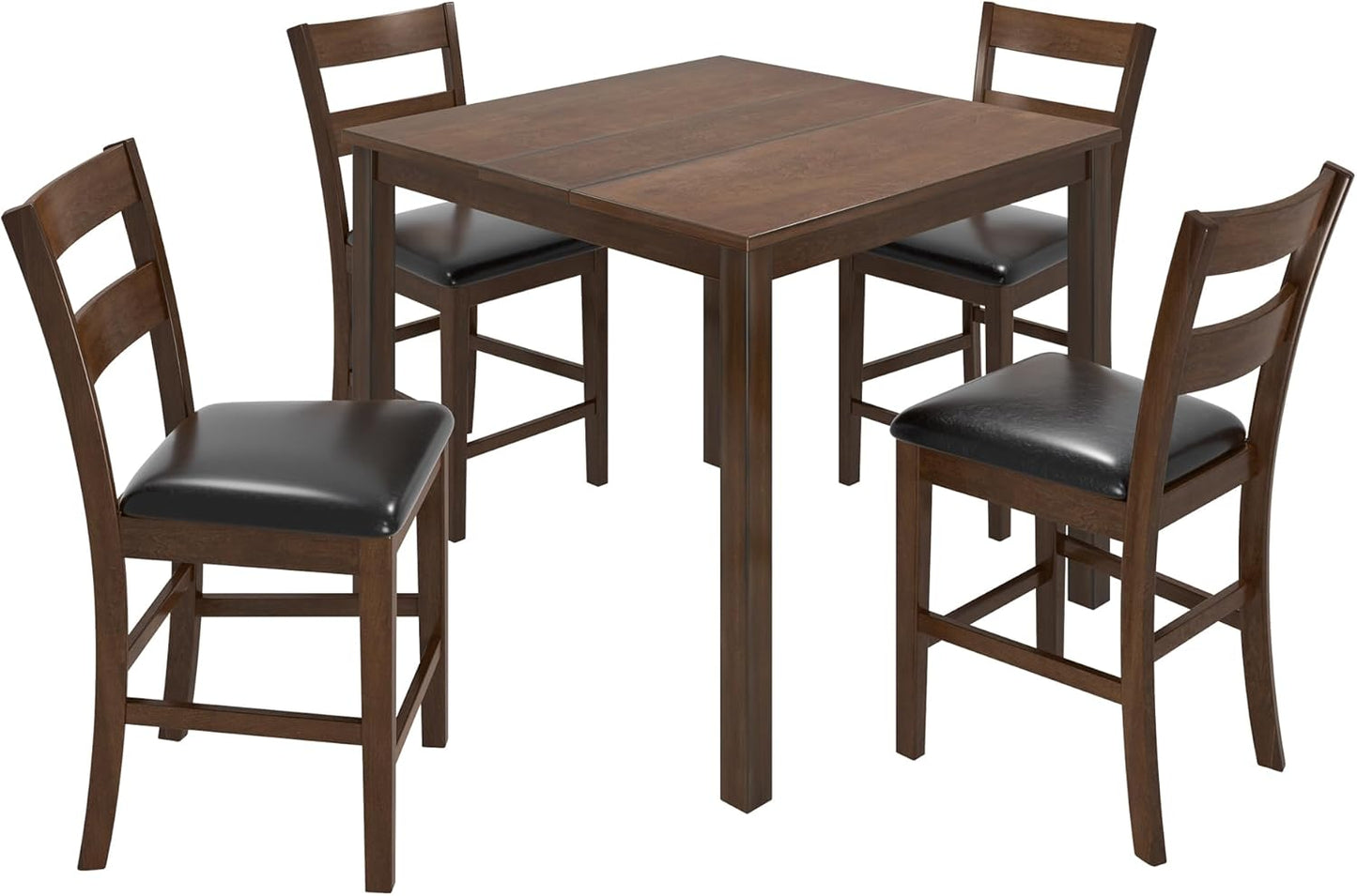 Elm Wood 5-Piece Dining Table Set, Mid Century Modern Dining Table W/ 4 Chairs, Chairs with Curved Backrests & PU Cushioned, Space Saving Table & Chairs, Black/Walnut