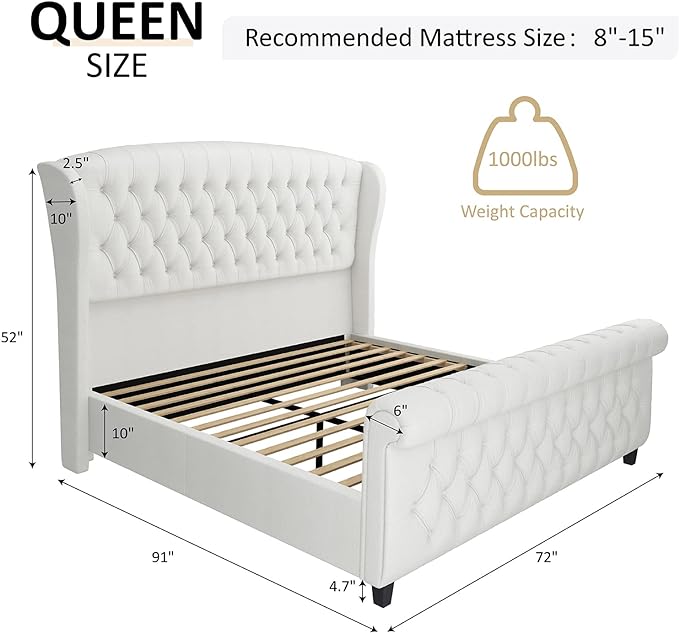 Queen Size Platform Bed Frame, Chenille Upholstered Sleigh Bed with Scroll Wingback Headboard & Footboard/Button Tufted/No Box Spring Required/Cream