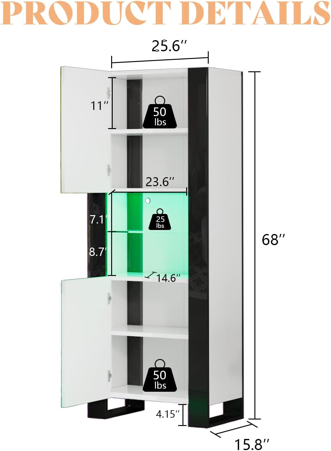 Modern LED Bookcase, 68in Storage Cabinet with 6 Tiers for Storage & 3 Adjustable Shelves, High Glossy Display Case for Living Room, Home Office, Study Room