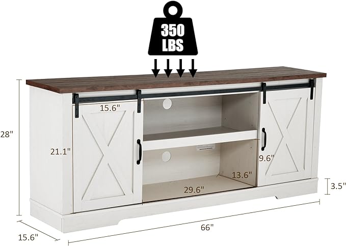 66" Farmhouse TV Stand for 75 Inches TVs, Entertainment Center with Sliding Barn Door and Adjustable Shelf & Feet, Console Table with Storage, Distressed White & Rustic