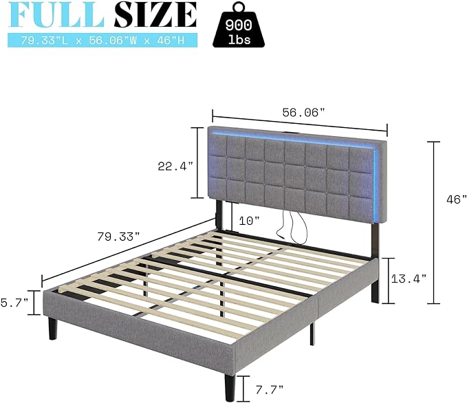 Full Size Button Tufted Platform Bed Frame with LED Lights, Upholstered Bed Frame with Charging Station, Wood Slat Support, Mattress Foundation, Light Grey