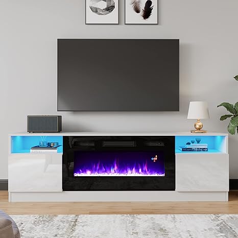 TV Stand with Fireplace, LED Light Entertainment Center with 36" Electric Fireplace, 70" Modern Wood Entertainment Stand with Highlight Storage Cabinet for TVs up to 80", White & Black