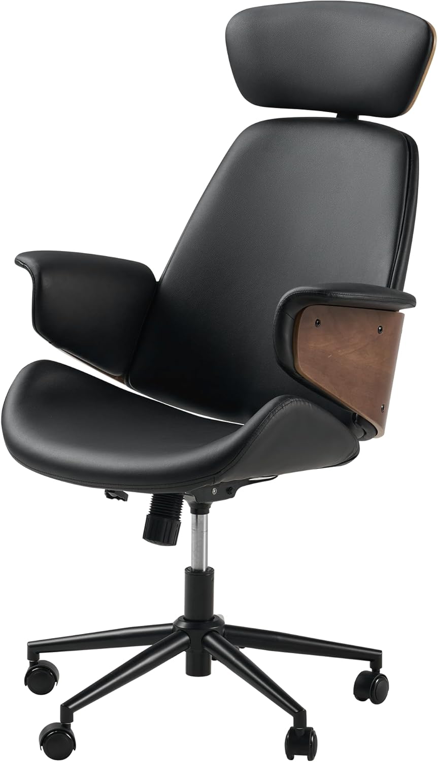 Home Office Chair with Wheels and Bentwood Arms, PU Leather Swivel Desk Chair with Lumbar Support and Headrest, Height Adjustable Modern Computer Chair for Office, Study