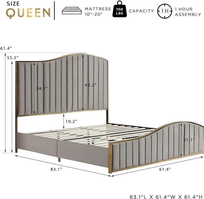 Queen Size Bed Frame, 61.4" High Headboard Platform Bed Velvet Upholstered with Gold Trim & Footboard/Wooden Slats/No Box Spring Required/Grey