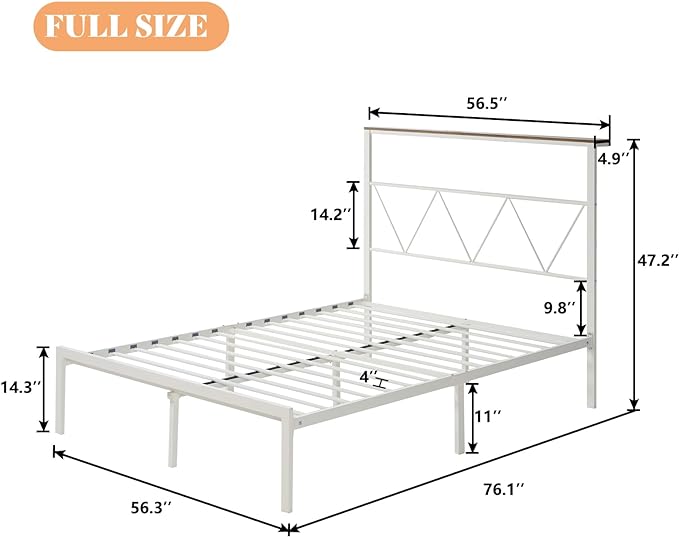 Twin Size Metal Bed Frame with Headboard Shelf, Platform Bed Frame with LED Strip Light, 11" Underbed Height for Storage, Noise Free, No Box Spring Needed, White