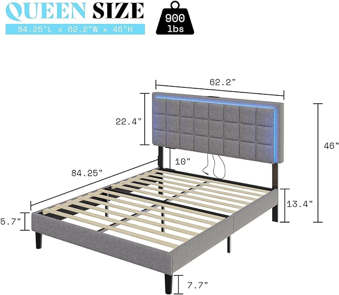 Full Size Button Tufted Platform Bed Frame with LED Lights, Upholstered Bed Frame with Charging Station, Wood Slat Support, Mattress Foundation, Light Grey