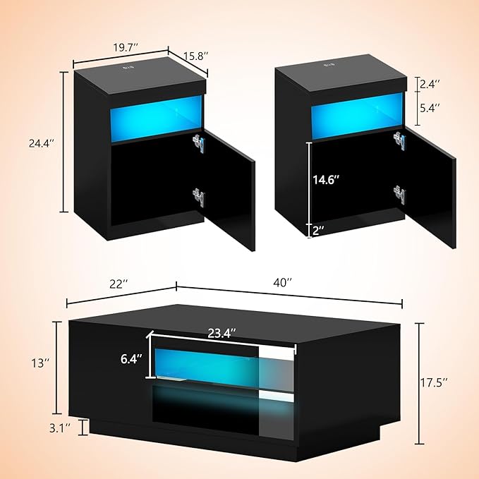 3-Piece Modern High Gloss LED Table Set, Coffee Table with 20-Color LED Lights, 2 End Tables with Wireless Charging Station for Living Room & Bedroom