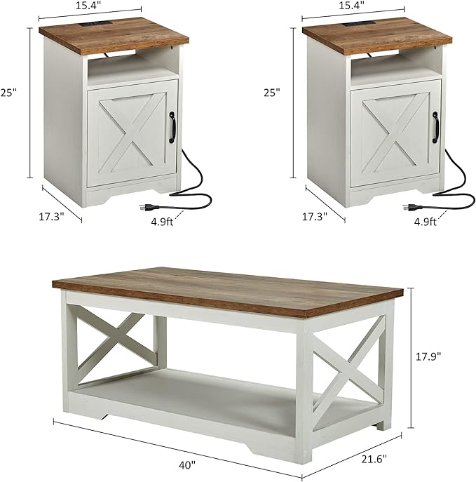 3-Piece Farmhouse Table Set Includes Coffee Table& Two End Tables, Side Table with Charging Station and USB Ports, for Living Room, Bedroom, Distressed White