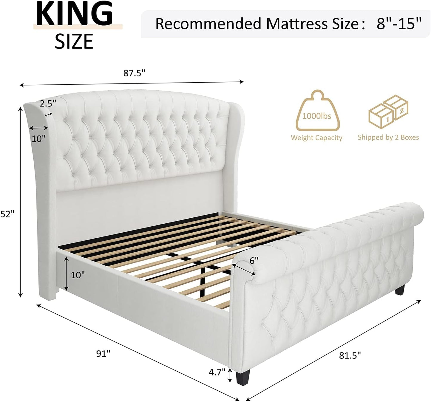 Queen Size Platform Bed Frame, Chenille Upholstered Sleigh Bed with Scroll Wingback Headboard & Footboard/Button Tufted/No Box Spring Required/Cream