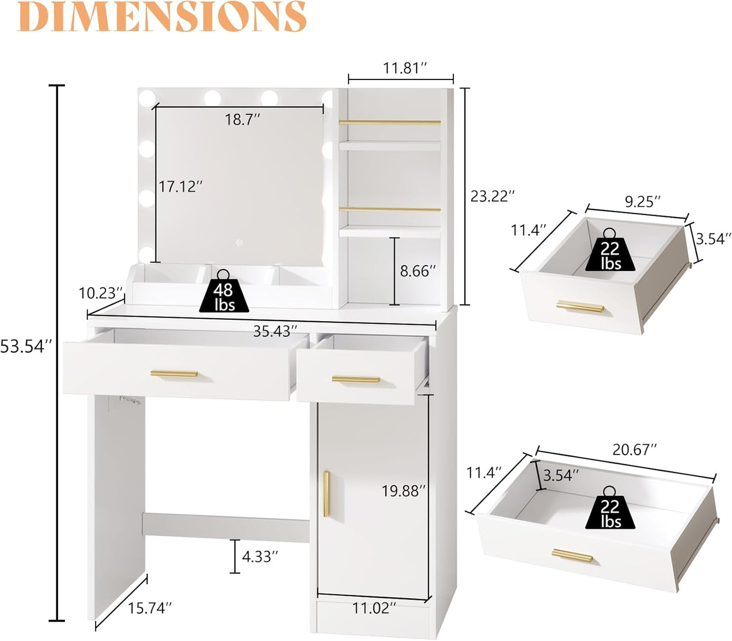 AMERLIFE 35.5" Make up Vanity Desk with Mirror and Lights, Vanity with Lights 3 Models Settings & Power Outlet, Vanity Desk with 2 Drawers, 1 Cabinets, Shelves, Makeup Vanity for Bedroom, White