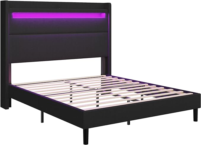 Queen Bed Frame with LED Lights and Wingback Headboard, Upholstered Platform Bed with USB and USB-C Ports, No Box Spring Required/Noise-Free/Black