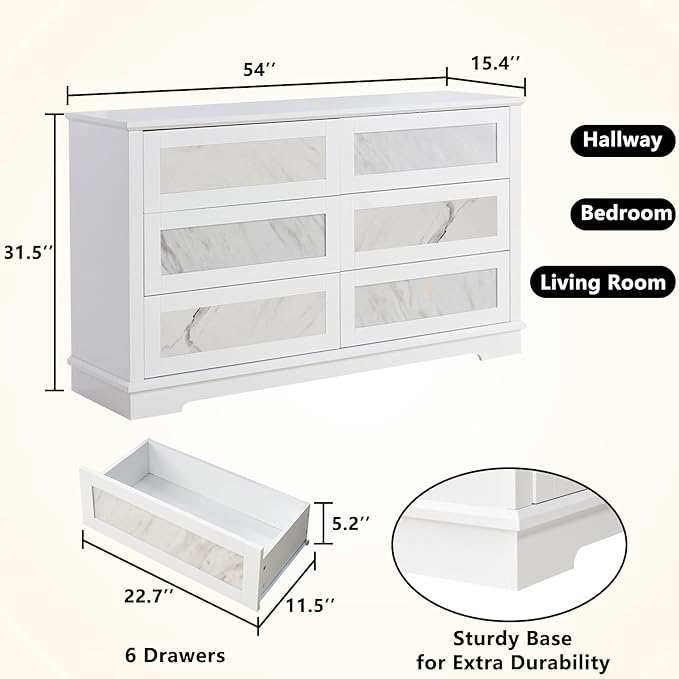 Natural Marble 6 Drawer Dresser, 54" High-Gloss Chest of Drawers No Handles for Bedroom, Living Room, Modern, White