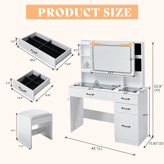 Makeup Vanity Table Set with Double Sliding & LED Lights Mirror, 45" Large Vanity with Charging Station, 4 Drawers & Multiple-Tiers Storage Dresser, Visible Glass Desk, 3 Lights Modes, White