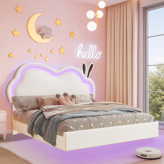 Jocisland LED Queen Bed Frame for Girls Upholstered Floating Bed with Cute Cloud Headboard, No Box Spring Needed, Leather, White