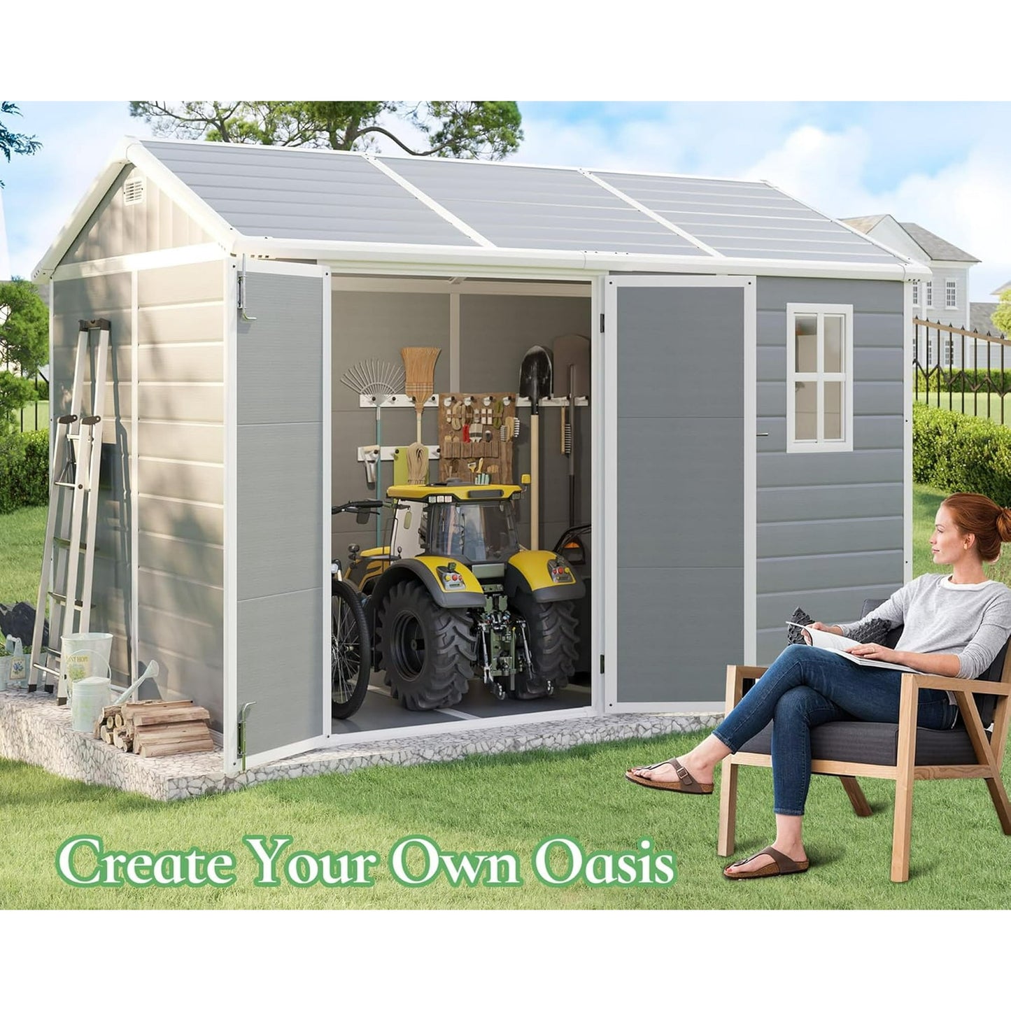 LUXOAK 10.5x7.6x7.5 FT Resin Storage Shed with Floor, Tool Shed Outdoor Storage with Vents, Windows, and Stainless Steel Cores, for Bicycles/Lawnmowers/Pool Supplies, Grey