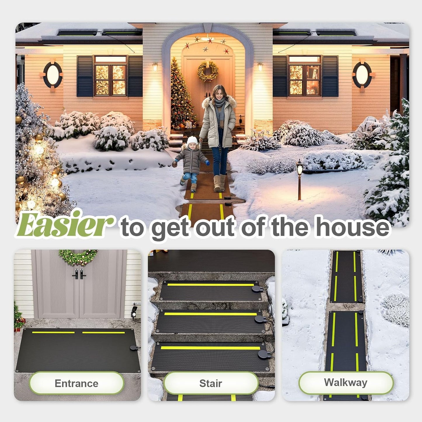 Jocisland 10x30 in Snow Melting Mats, Non-Slip Rubber Heated Mats Outdoor with Timer, Power Cord, Leakage Protection Device, Waterproof Collocatable Heated Snow Mat for Stair, Garage, Walkway(1 Pcs)