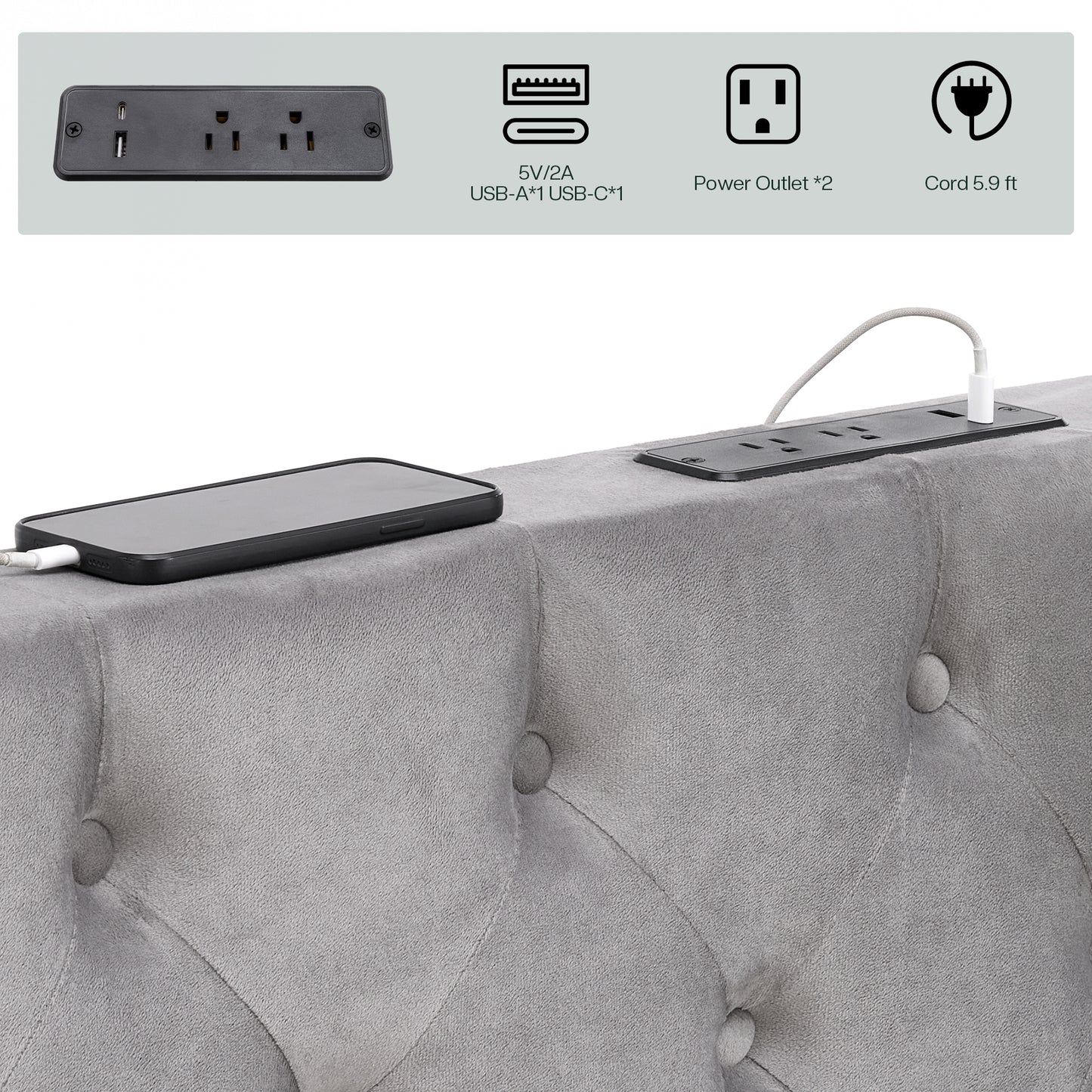 Jocisland Upholstered Canopy Bed Frame with 74.8" Tall Four Poster and Velvet Deep-Tufted Tall Headboard with Charging Station/Modern Luxury Style/No Box Spring Needed