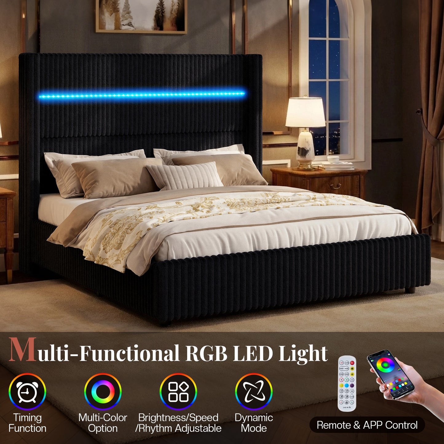 Jocisland Upholstered Corduroy Bed Frame with 4 Storage Drawers, 51.2" Tall Wingback Headboard, LED Lights & Charging Station, Platform Bed No Box Spring Needed, Easy Assembly