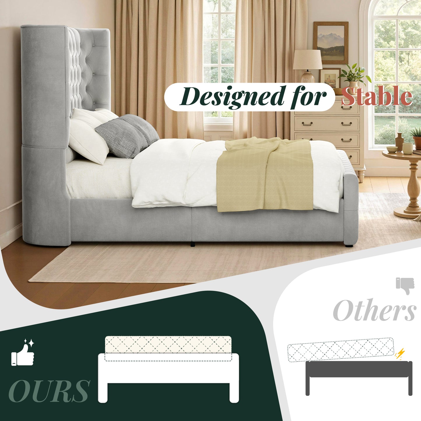 Jocisland Platform Bed Frame, 6.3" Thick Upholstered Curved Wingback Headboard and Footboard with Deep Button Tufted, Easy Assembly, No Box Spring Needed