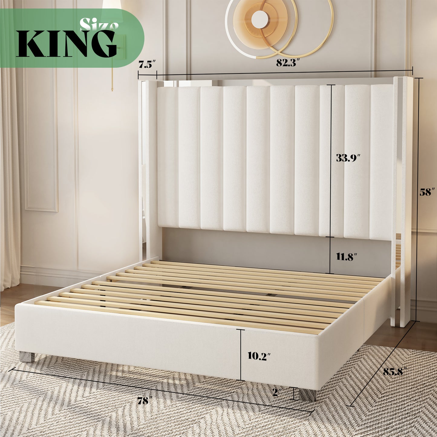 AMERLIFE 3-Piece Modern Bedroom Set Upholstered Bed Frame with 58" Wingback Headboard and 2 White Nightstands