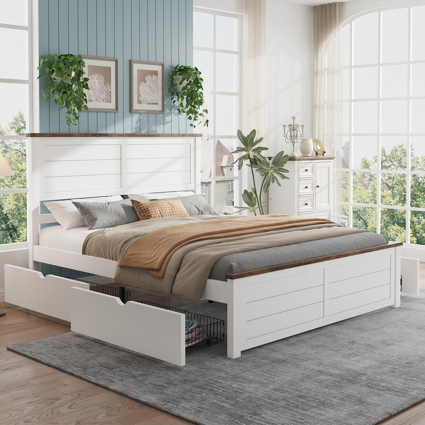 Farmhouse Twin Size Bed Frame with Headboard and 4 Storage Drawers, Solid Wood Barn Door Platform Bed with Wood Slats, Heavy Duty Mattress Foundation, Non-Slip & Noise-Free, Antique White