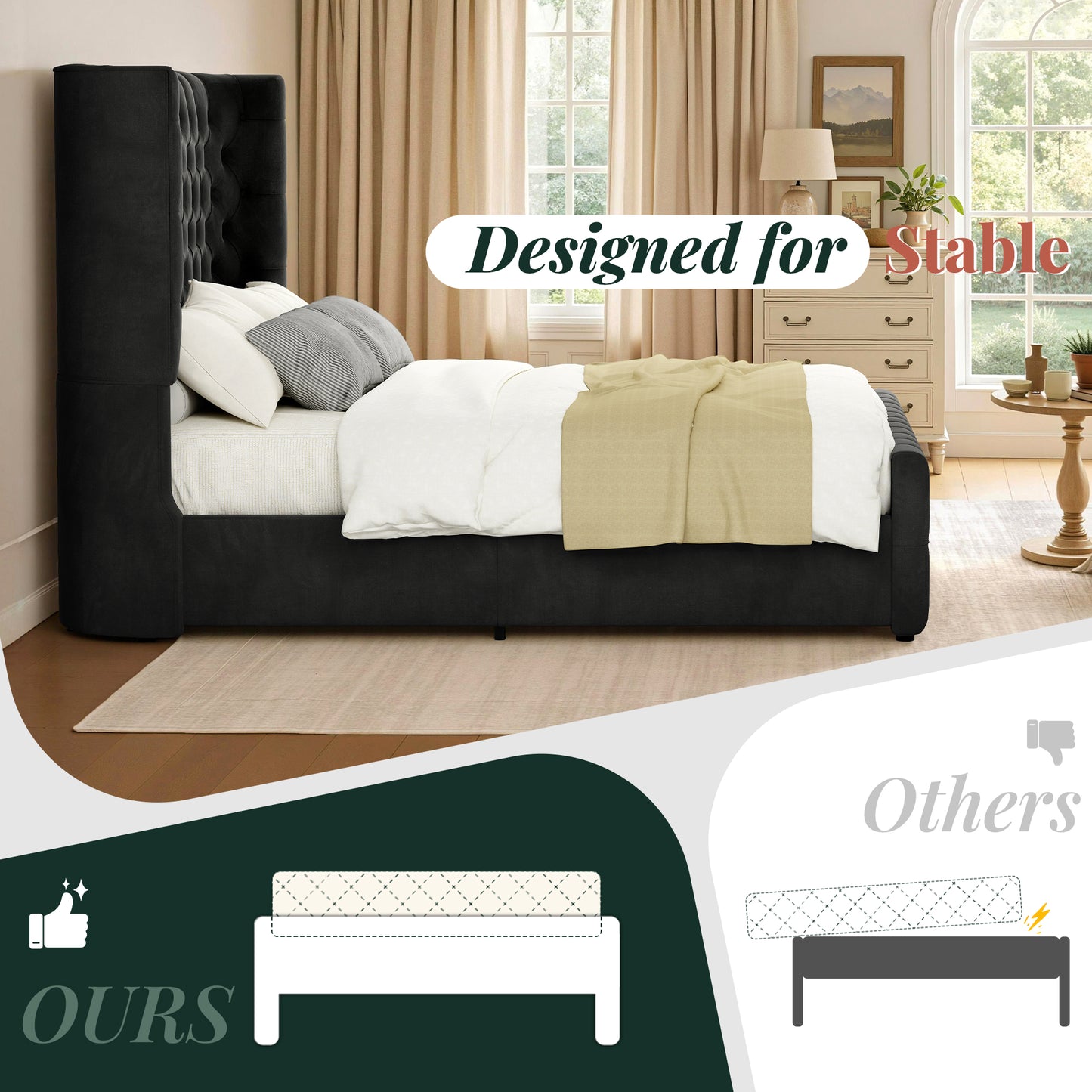 Jocisland Platform Bed Frame, 6.3" Thick Upholstered Curved Wingback Headboard and Footboard with Deep Button Tufted, Easy Assembly, No Box Spring Needed