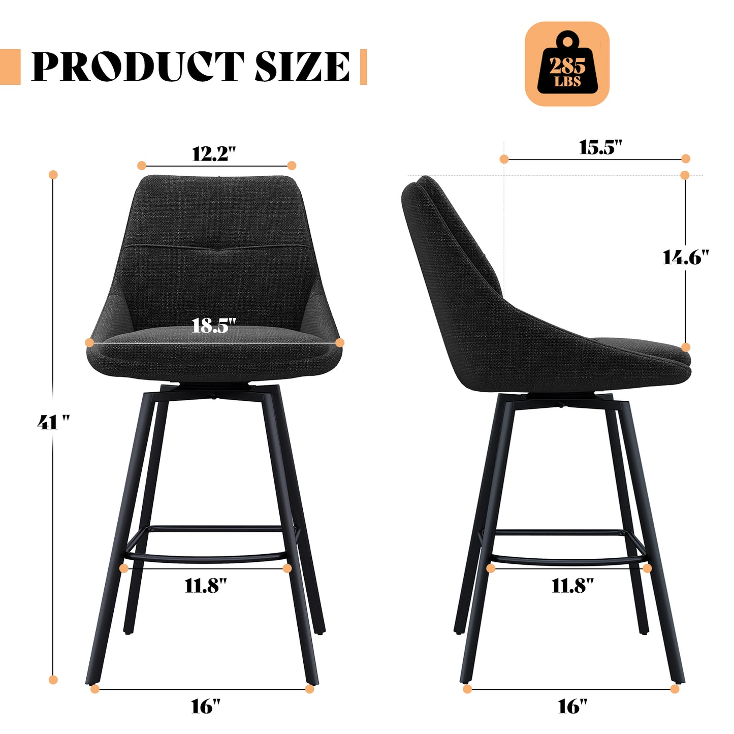 Melucy Counter Height Bar Stools Set of 2, 360° Swivel Bar Stools with Curved Back and Large Seat Cushion, 41" Tall Linen Bar Chair with Metal Footrest, Modern Barstools for Kitchen Island, Black