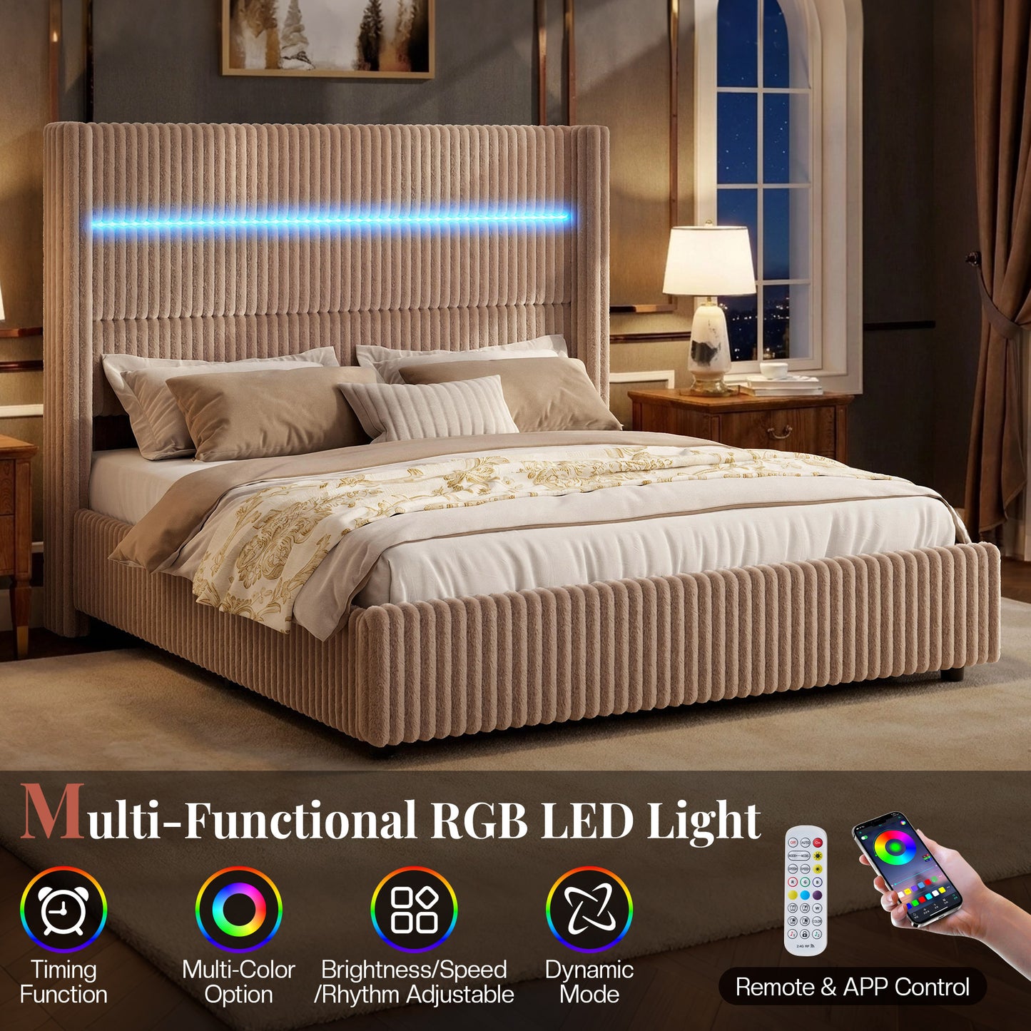 Jocisland Upholstered Corduroy Bed Frame with 4 Storage Drawers, 51.2" Tall Wingback Headboard, LED Lights & Charging Station, Platform Bed No Box Spring Needed, Easy Assembly