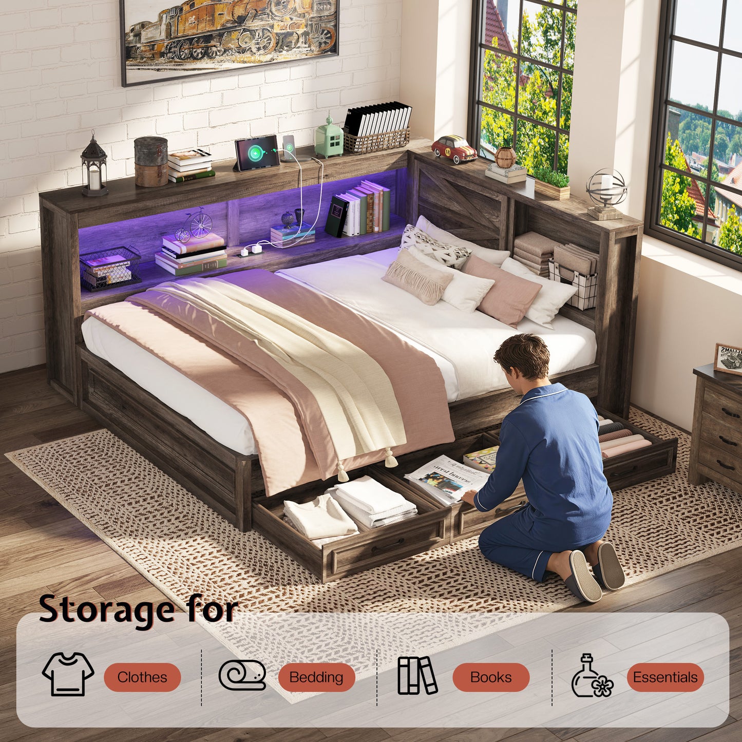 Jocisland Corner Bed Frame with Storage Drawers and Bookcase Headboard, Charging Station and Led Lights, Farmhouse Wood Daybed for Kids Teens, No Box Spring Needed